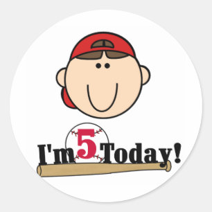 Brunette Boy Baseball 5th Birthday Classic Round Sticker