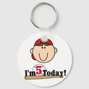 Brunette Boy Baseball 5th Birthday Key Ring