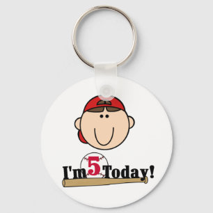 Brunette Boy Baseball 5th Birthday Key Ring