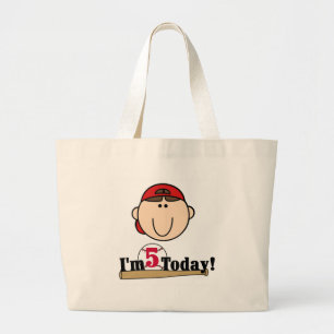 Brunette Boy Baseball 5th Birthday Large Tote Bag