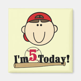 Brunette Boy Baseball 5th Birthday Magnet