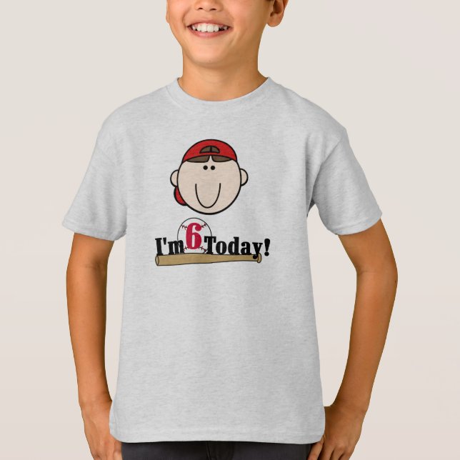 Brunette Boy Baseball 6th Birthday T-Shirt (Front)
