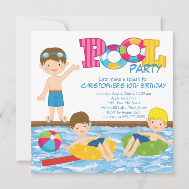 Brunette Boy Birthday Summer Pool Party Invitation (Front)