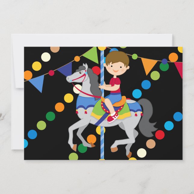 Brunette Boy Carousel Birthday 5x7 Invitation (Front)