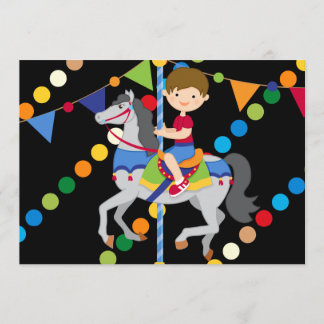 Brunette Boy Carousel Birthday 5x7 Invitation