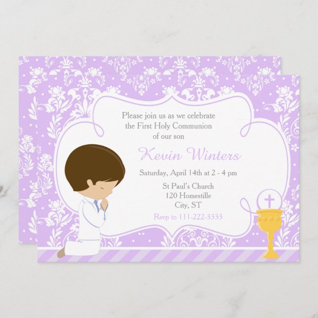 Brunette Boy First Communion Damask Invitation (Front/Back)