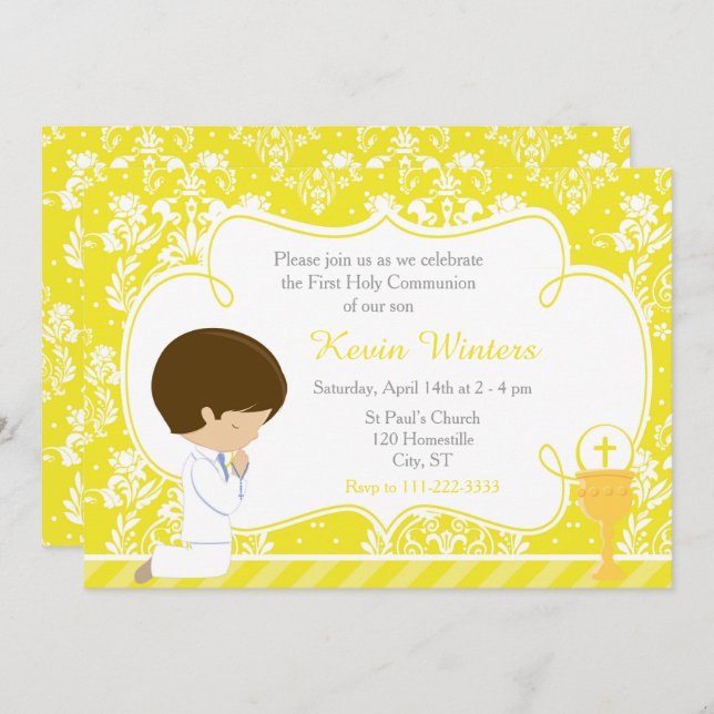 Brunette Boy First Communion Damask Invitation (Front/Back)