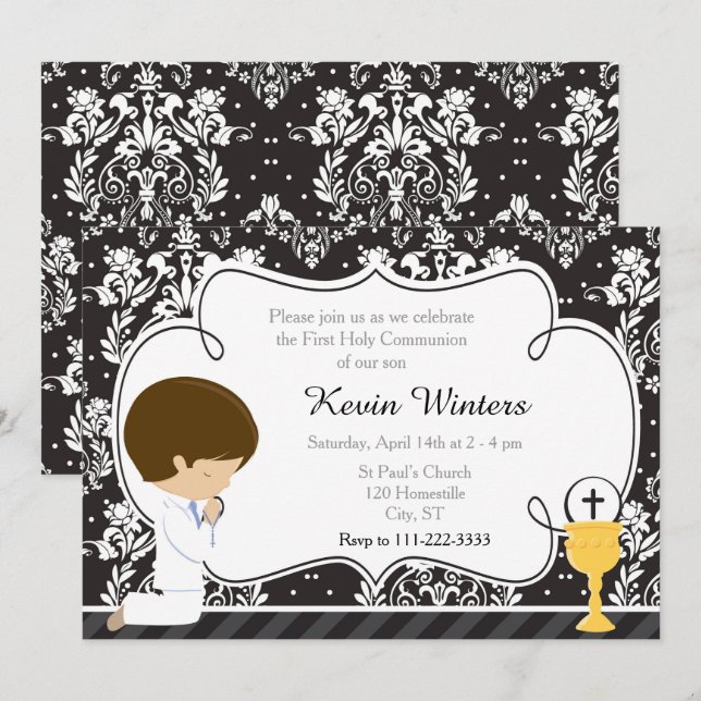 Brunette Boy First Communion Damask Invitation (Front/Back)