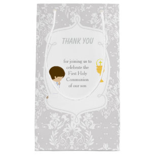 Brunette Boy First Communion Damask Small Gift Bag
