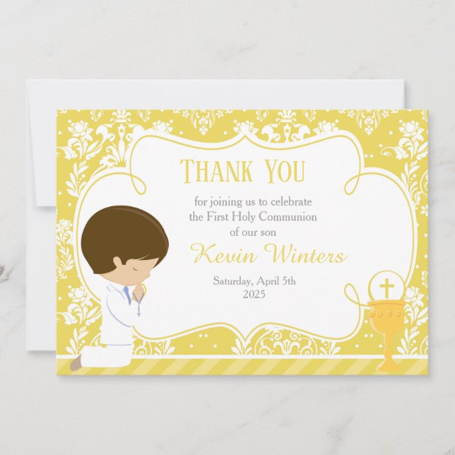 Brunette boy First Communion Damask Thank You Card (Front)