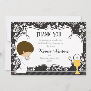 Brunette Boy First Communion Damask Thank You Card