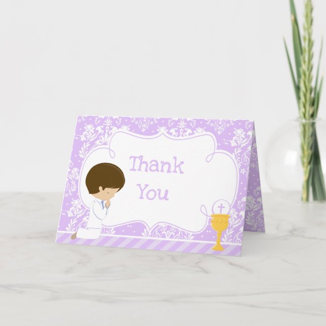 Brunette Boy First Communion Damask  'Thank You' Thank You Card (Front)