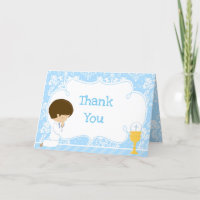 Brunette Boy First Communion Damask 'Thank You'