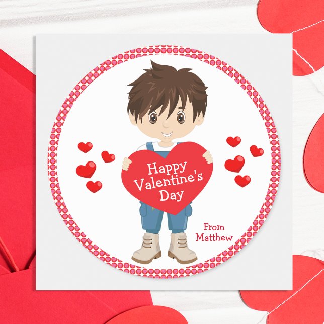 Brunette Boy Happy Valentine's Day Classic Round Sticker (Creator Uploaded)