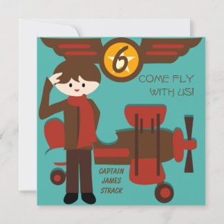 Brunette Boy Pilot Birthday Invitations