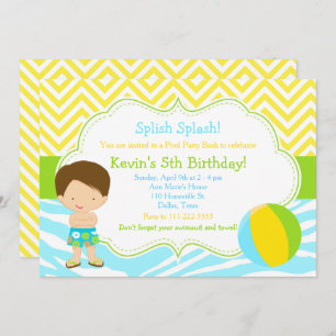 Brunette Boy Pool Party Bash Party Invitation