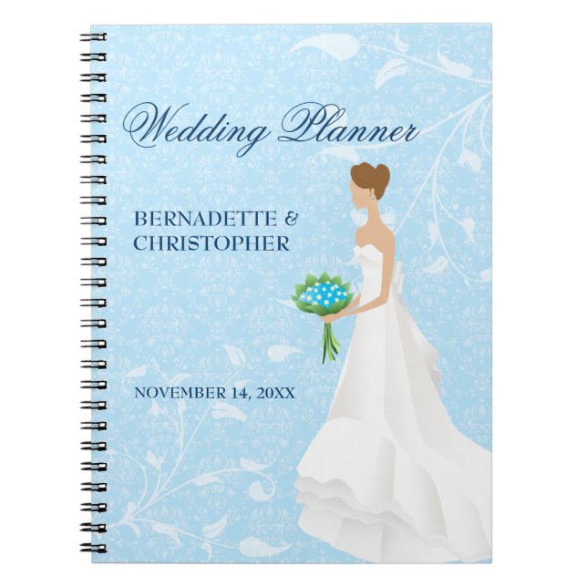 Brunette Bride Blue Wedding Planner Spiral Notebook (Front)