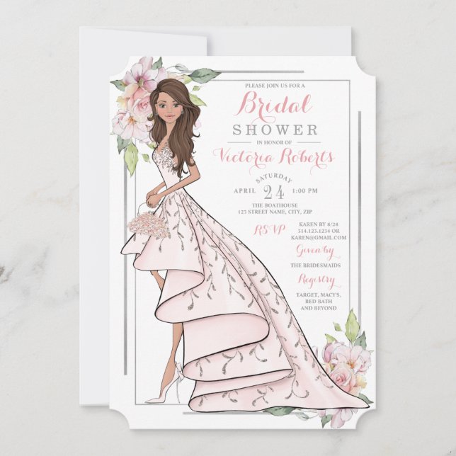 Brunette Bride Floral Bridal Shower Invitation (Front)