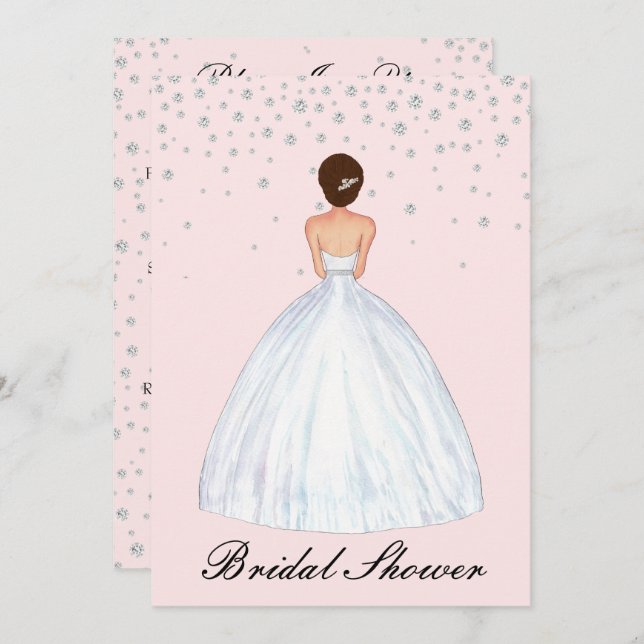 Brunette Bride Illustration Diamond Bridal Shower Invitation (Front/Back)