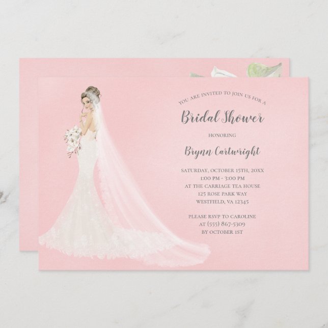 Brunette Bride in Lace Gown Elegant Bridal Shower Invitation (Front/Back)