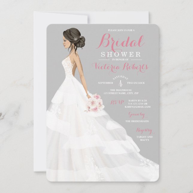 Brunette Bride Lace Gown Bridal Shower Invitation (Front)