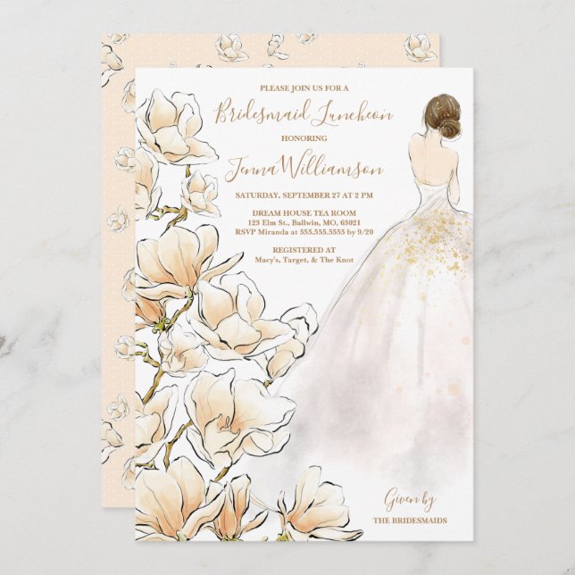 Brunette Bride Magnolia Bridesmaid Luncheon Invitation (Front/Back)