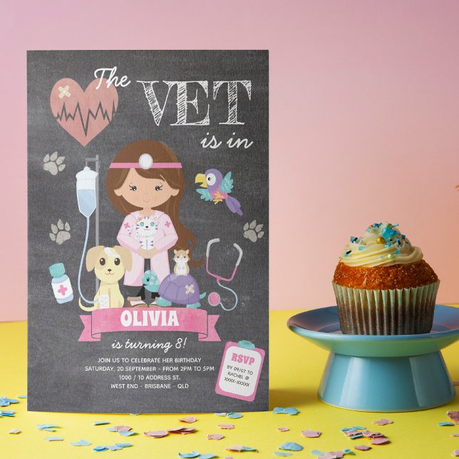 Brunette Chalkboard Girl Vet Birthday Party Invitation (This girl’s vet birthday invitation is just the right medicine to your celebration!)