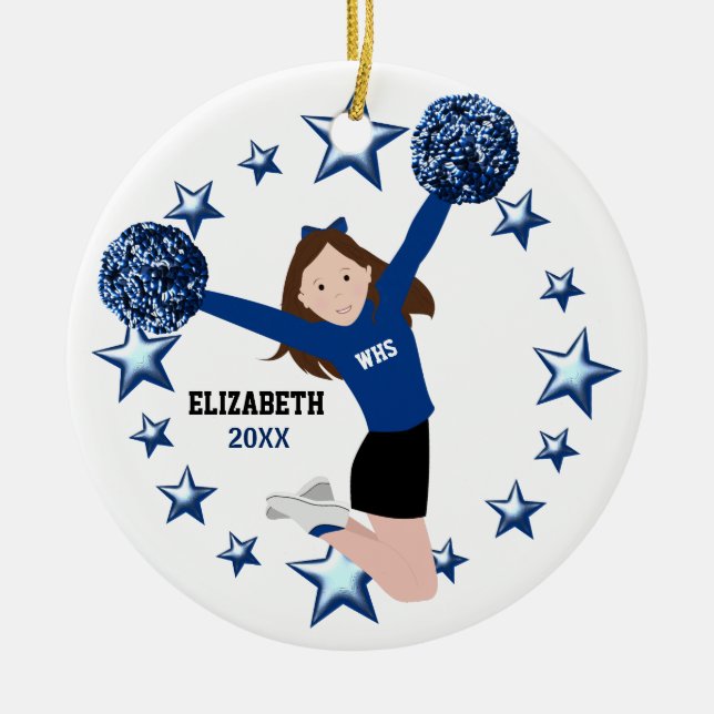 Brunette Cheerleader Pom Poms In Blue & Black Ceramic Tree Decoration (Front)