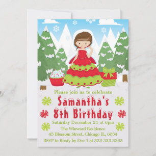 Brunette Christmas Princess Winter Scene Birthday Invitation