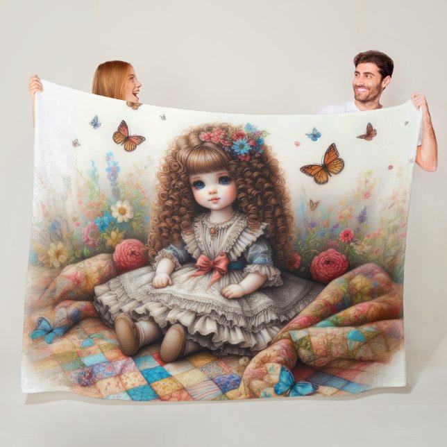 Brunette Curly Haired Doll on Quilt Fleece Blanket (In Situ)
