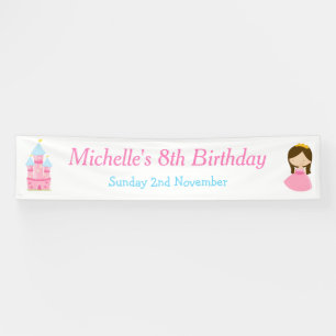 Brunette Cute Princess and Dragon Birthday Party Banner
