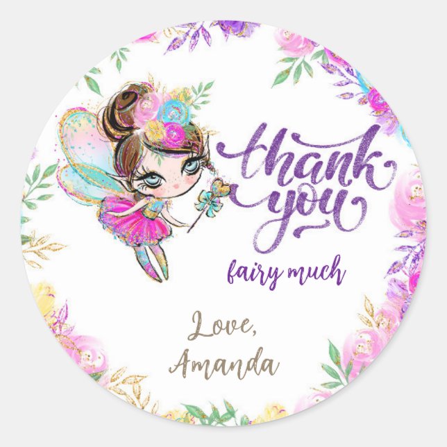 Brunette Fairy Magical Birthday Party Thank You Classic Round Sticker (Front)