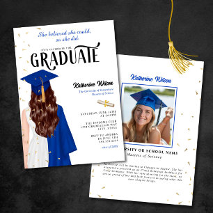 Brunette Female Blue She Believed Graduation Invitation