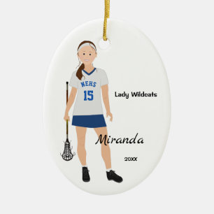Brunette Female Lacrosse Player In Blue And White Ceramic Tree Decoration