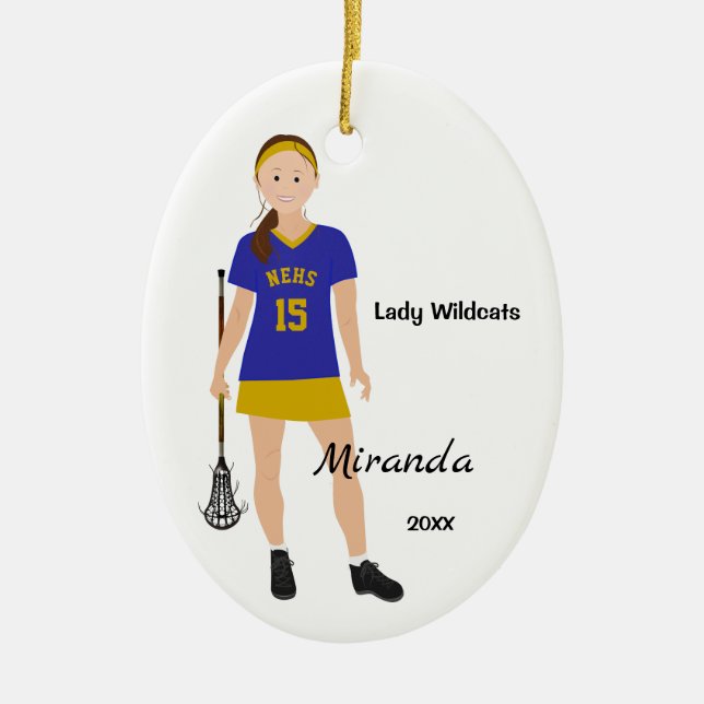 Brunette Female Lacrosse Player In Blue And Yellow Ceramic Tree Decoration (Front)
