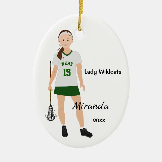 Brunette Female Lacrosse Player In Green And White Ceramic Tree Decoration (Front)