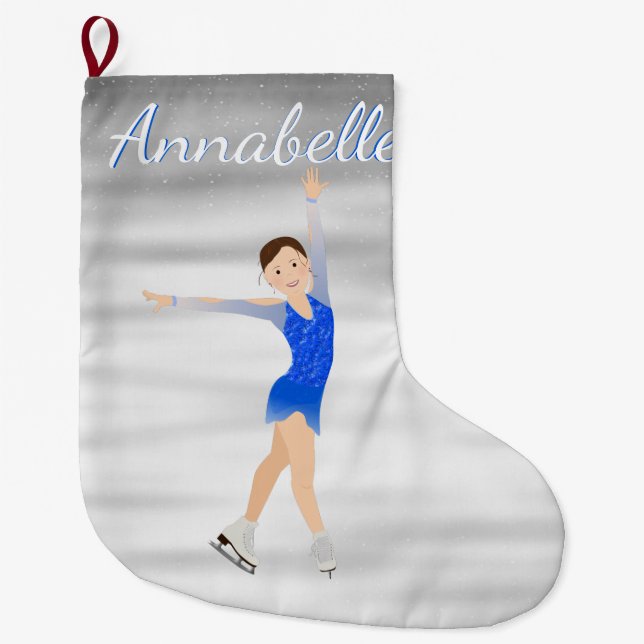 Brunette Figure Skater In Blue Large Christmas Stocking (Front)