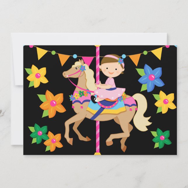 Brunette Girl Carousel Birthday 5x7 Invitation (Front)