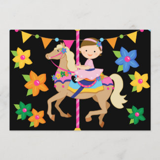Brunette Girl Carousel Birthday 5x7 Invitation