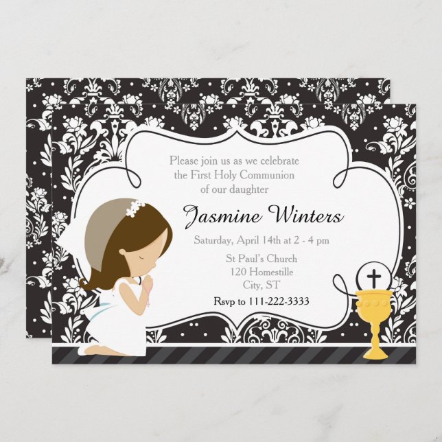 Brunette Girl First Communion Damask Invitation (Front/Back)