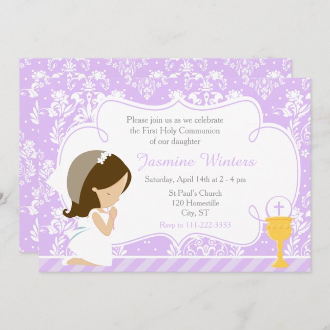 Brunette Girl First Communion Damask Invitation (Front/Back)