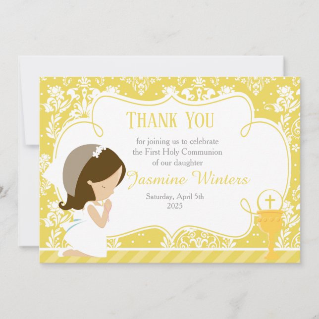 Brunette Girl First Communion Damask Thank You Card (Front)