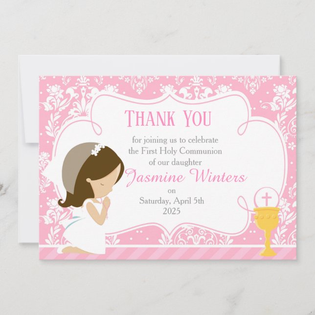 Brunette Girl First Communion Damask Thank You Card (Front)