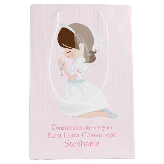 Brunette Girl First Communion Gift Bag (Front)