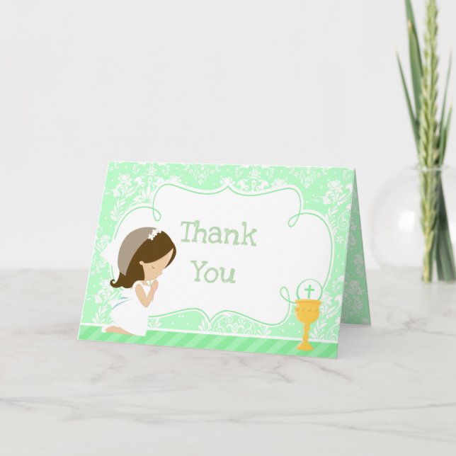 Brunette Girl First Communion  'Thank You' Thank You Card (Front)