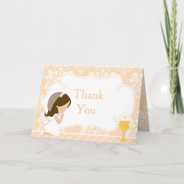 Brunette Girl First Communion  'Thank You' Thank You Card (Front)