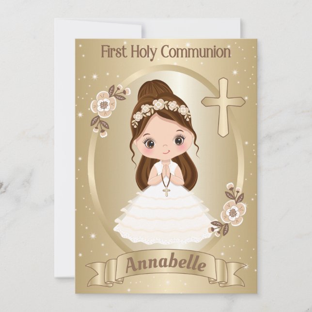 Brunette Girl First Holy Communion Invitation (Front)