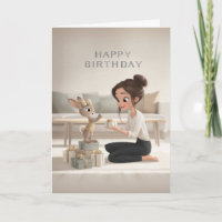 Brunette Girl Giving Bunny in Gold Birthday Gift