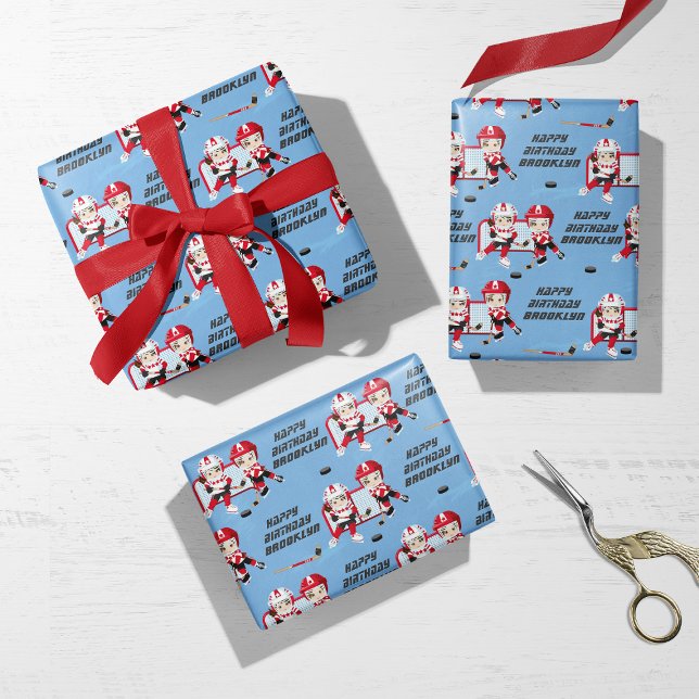 Brunette Girl Hockey Personalised Wrapping Paper Sheet (Creator Uploaded)