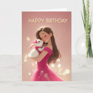 Brunette Girl in Hot Pink w/ Sweet Bunny BDay Card